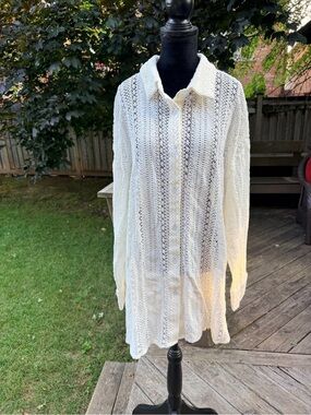 White crochet lace Button Up Long Sleeve Tunic Shirt Beach Pool Cover Up Size XL